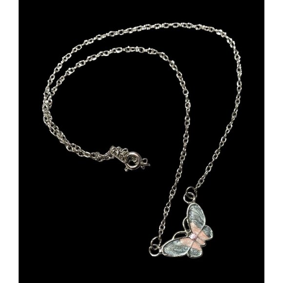 Fairycore Butterfly Pendant Necklace With Pink And Silver Tone Shimmer Enamel - Picture 1 of 6